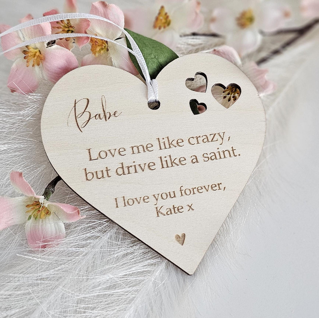 Personalised Wooden Car Mirror Pendant - Valentines Day Gift for Driving Partner
