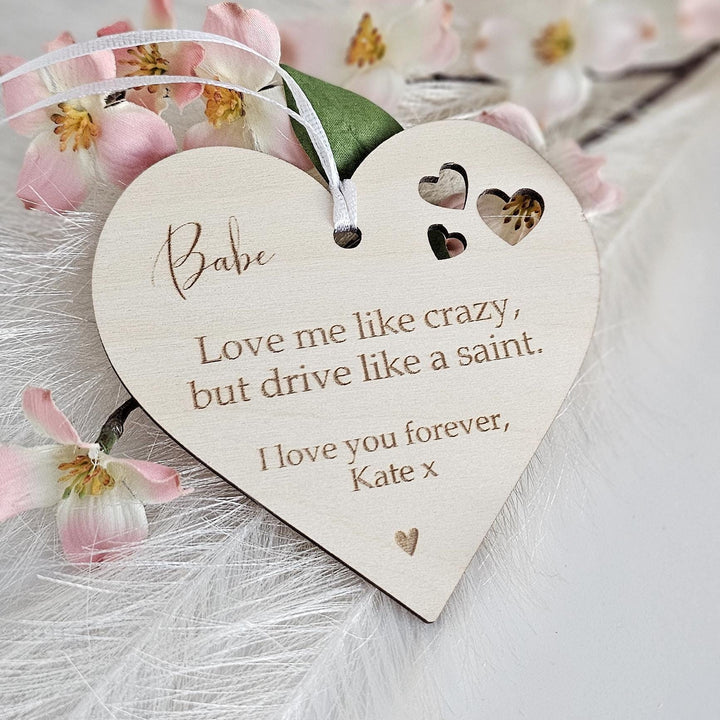 Personalised Wooden Car Mirror Pendant - Valentines Day Gift for Driving Partner