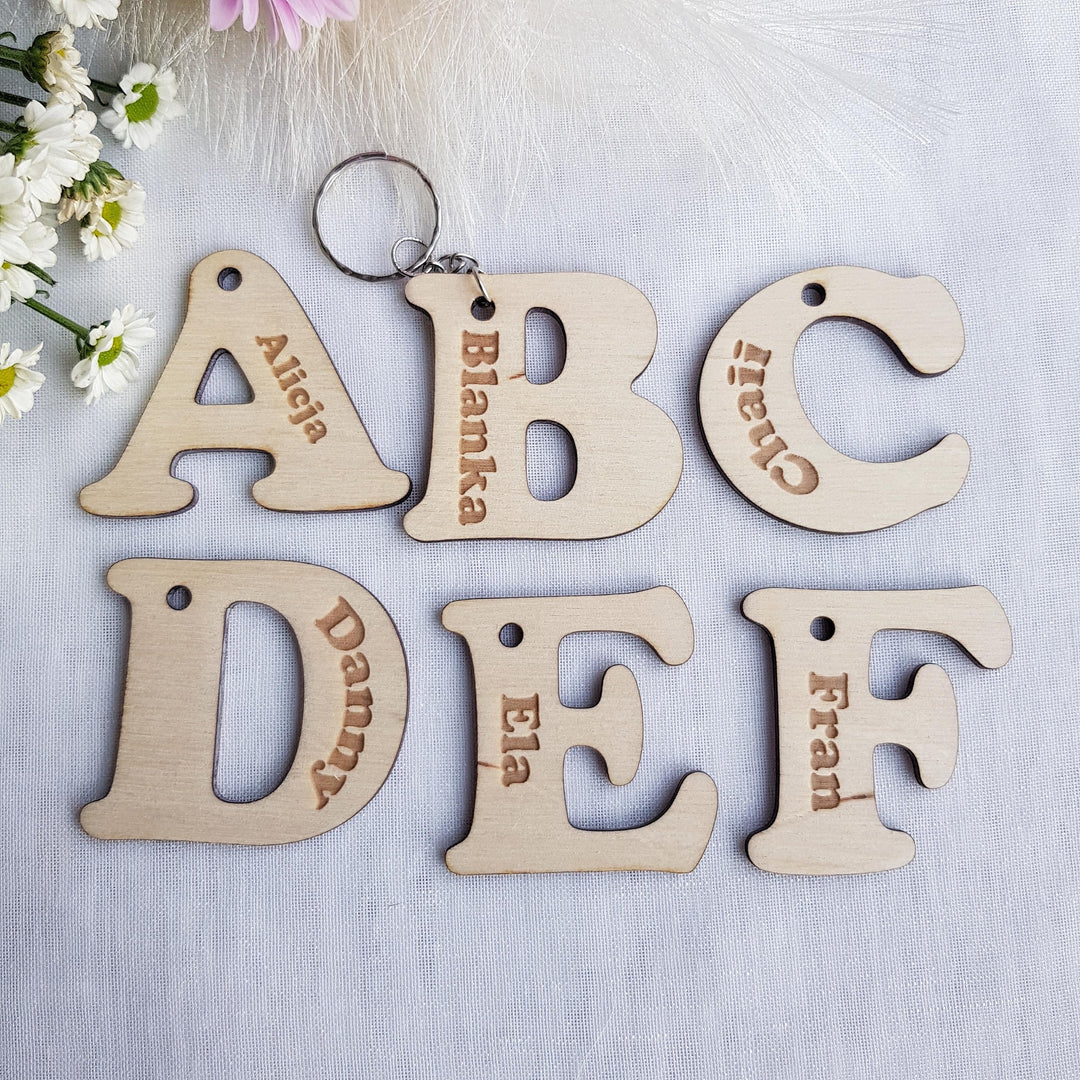 Personalised Wooden Keyring - Kids Name Keychain Back to School Gift Book Bag Tag