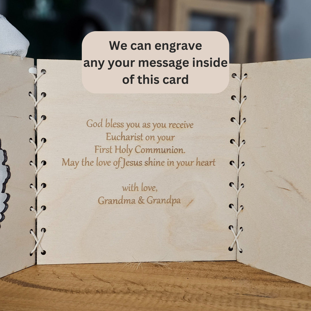 Personalised First Holy Communion Card Church Design, Rustic Wooden Keepsake, Custom message gift card