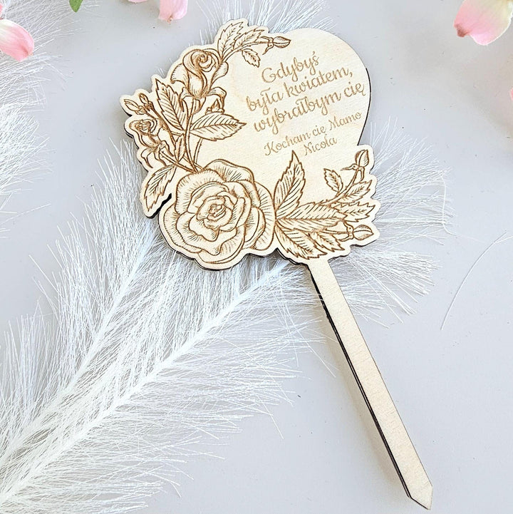 Personalised Plant Gift Tag – Rose Heart Wooden Stake for Birthday & Mother's Day