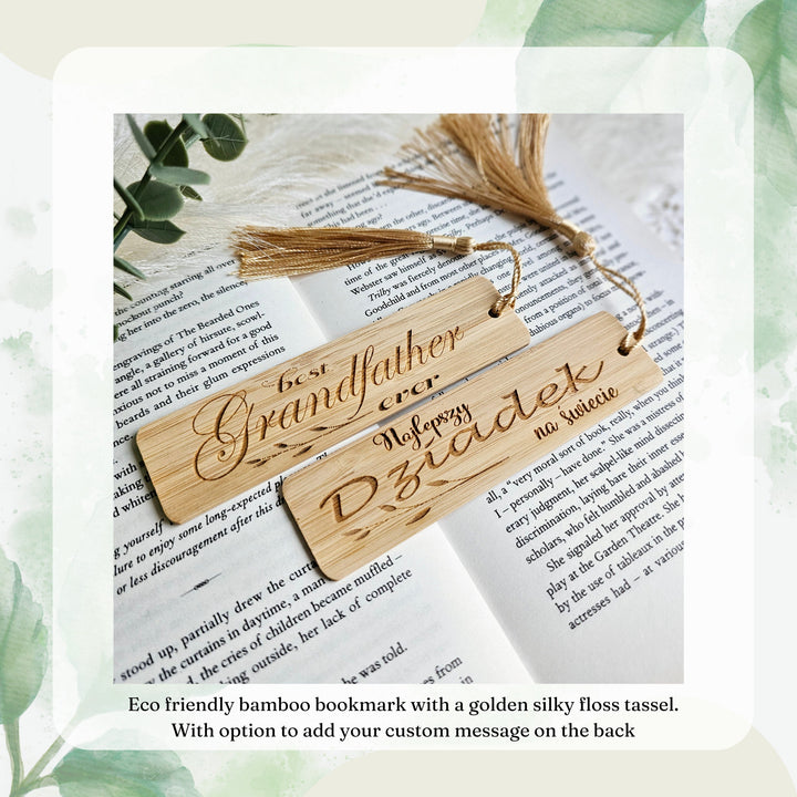 Bamboo wood bookmark with a silky tassel, with personalised option, size 3cmx12cm/25cm, Dzien Dziadka, Grandfather gift, Fathers Day