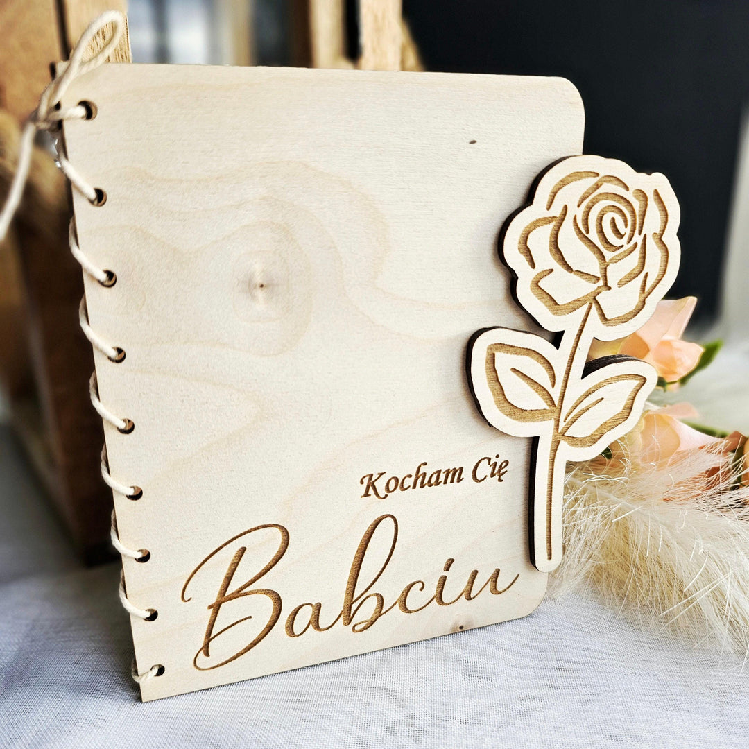 Personalised Wooden Card Rose Flower - Grandma gift, Birthday, Anniversary, Wedding, Engagement, Housewarming, Polish Dzien Babci i Dziadka