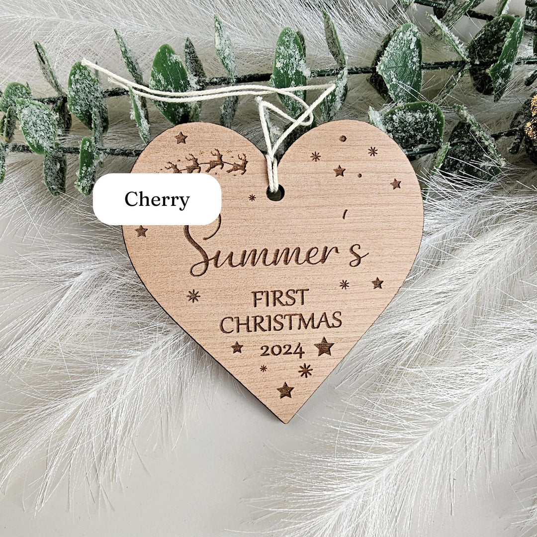 Personalised Baby's First Christmas Tree Bauble - Wooden Keepsake with Santa Sleigh - Custom Name Ornament - Heart Ornament
