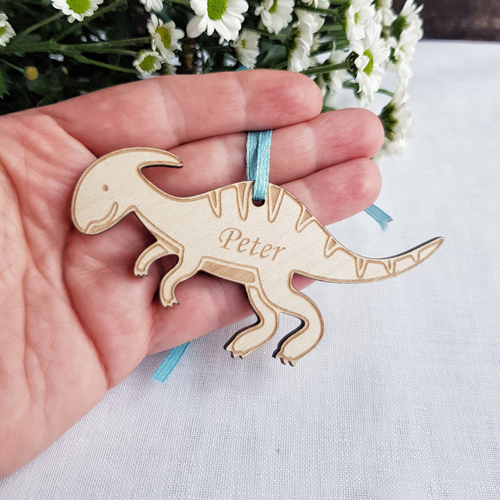 Personalised Dinosaur Wooden Keyring - Engraved Backpack Charm  Christmas Ornament