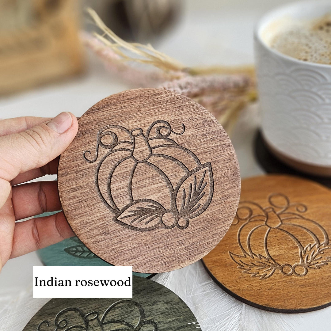 Autumn Pumpkin Wooden Coasters - Cosy Fall Drink Coaster, Decorative Halloween Table Decor, Handmade Gift Idea - Set of 4 coasters