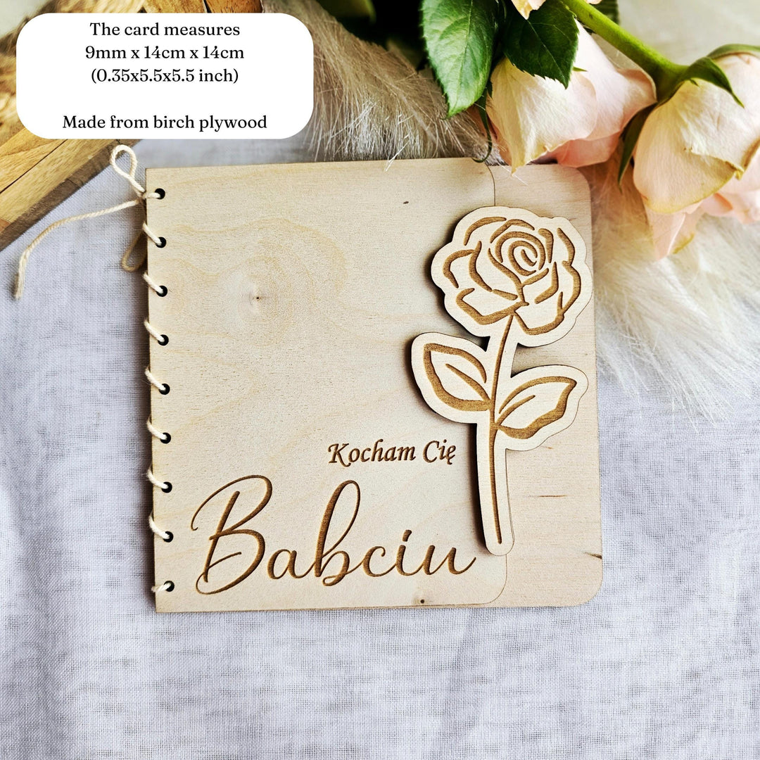 Personalised Wooden Card Rose Flower - Grandma gift, Birthday, Anniversary, Wedding, Engagement, Housewarming, Polish Dzien Babci i Dziadka