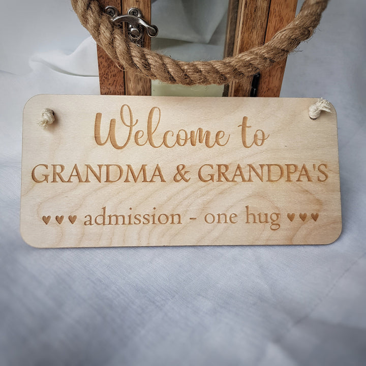 Grandma & Grandpa's Wooden Plaque - Personalised Rustic Hugs Admission Sign - Welcome to Grandparents House