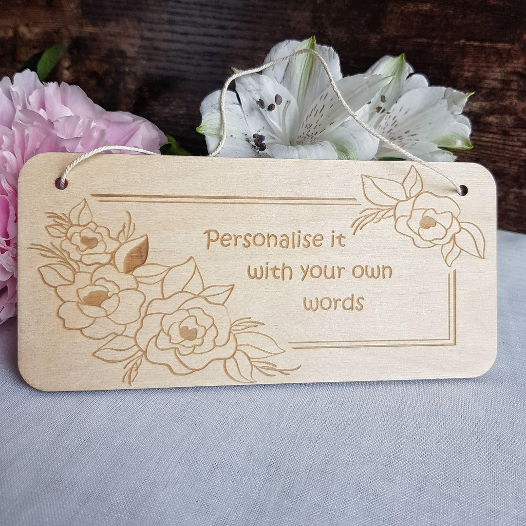 Personalised Rustic Wooden Plaque - Floral Frame Design - Bedroom Doors, Offices