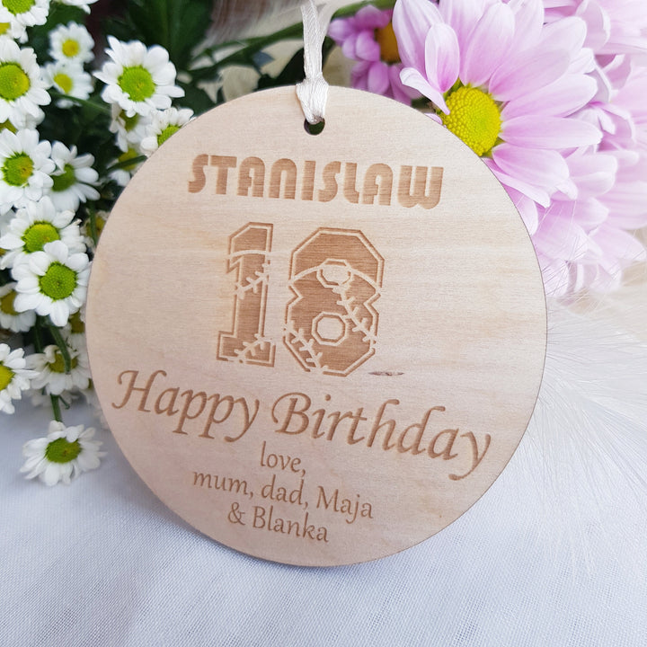 Baseball Birthday Gift Tag - Personalised Wooden Ornament - Rustic Keepsake