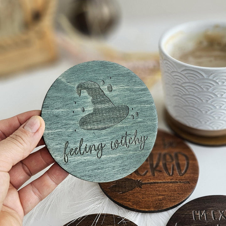 Witchy Halloween Coasters - Wooden Spooky Table Decor - Handmade Housewarming Gift Idea - Feeling witchy