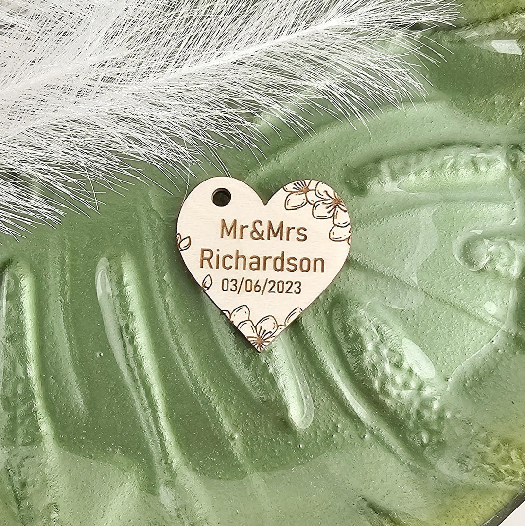 Wedding Heart Favours - Personalised Wooden Thank You Tokens,  Custom Engraved Rustic Gift Tags