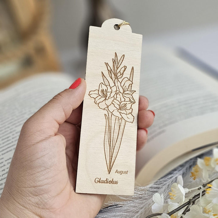 Birth Flower Bookmark August Gladiolus - Personalised Wooden Gift for Book Lovers