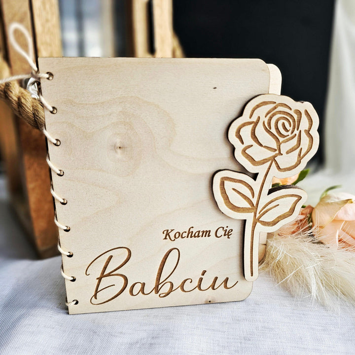 Personalised Wooden Card Rose Flower - Grandma gift, Birthday, Anniversary, Wedding, Engagement, Housewarming, Polish Dzien Babci i Dziadka