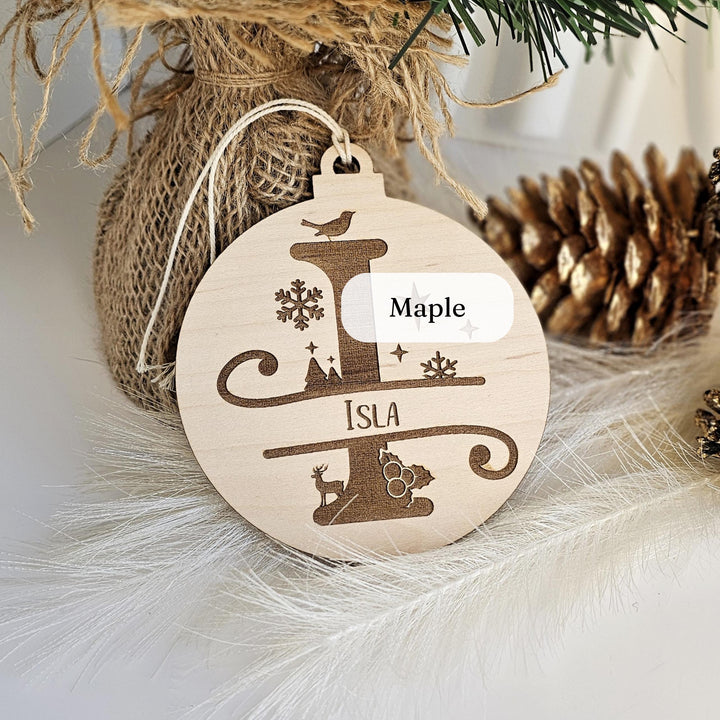 Personalised Wooden Split Letter Bauble - Engraved Christmas Ornament Tag