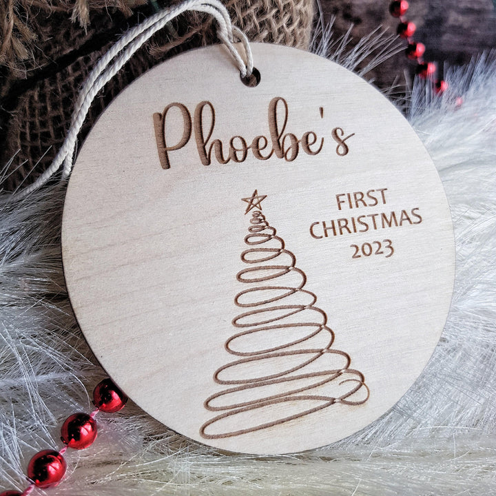 Personalised Round Wooden Ornament - Babys First Christmas Tree Bauble with Rustic Modern Design