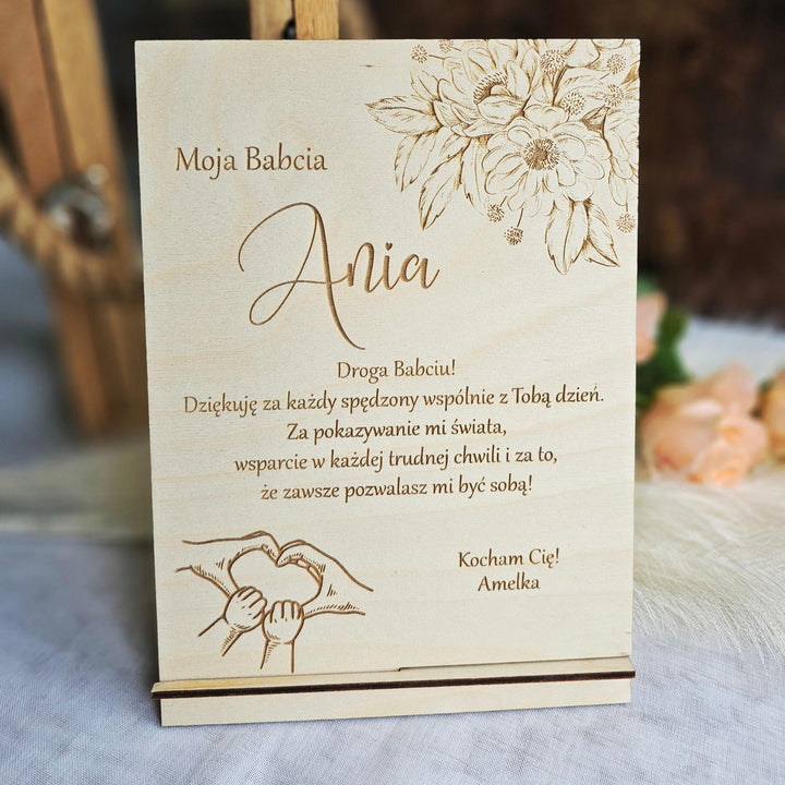 Polish Dzien Babci i Dziadka Wooden Sign Keepsake with Personalised Wishes and Romantic Floral and Holding Hands Touch, Grandparents Gift