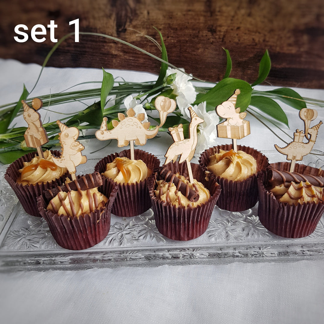 Dinosaurs Cupcake Toppers - Wooden Cake Decorations - Set of 6 or 12