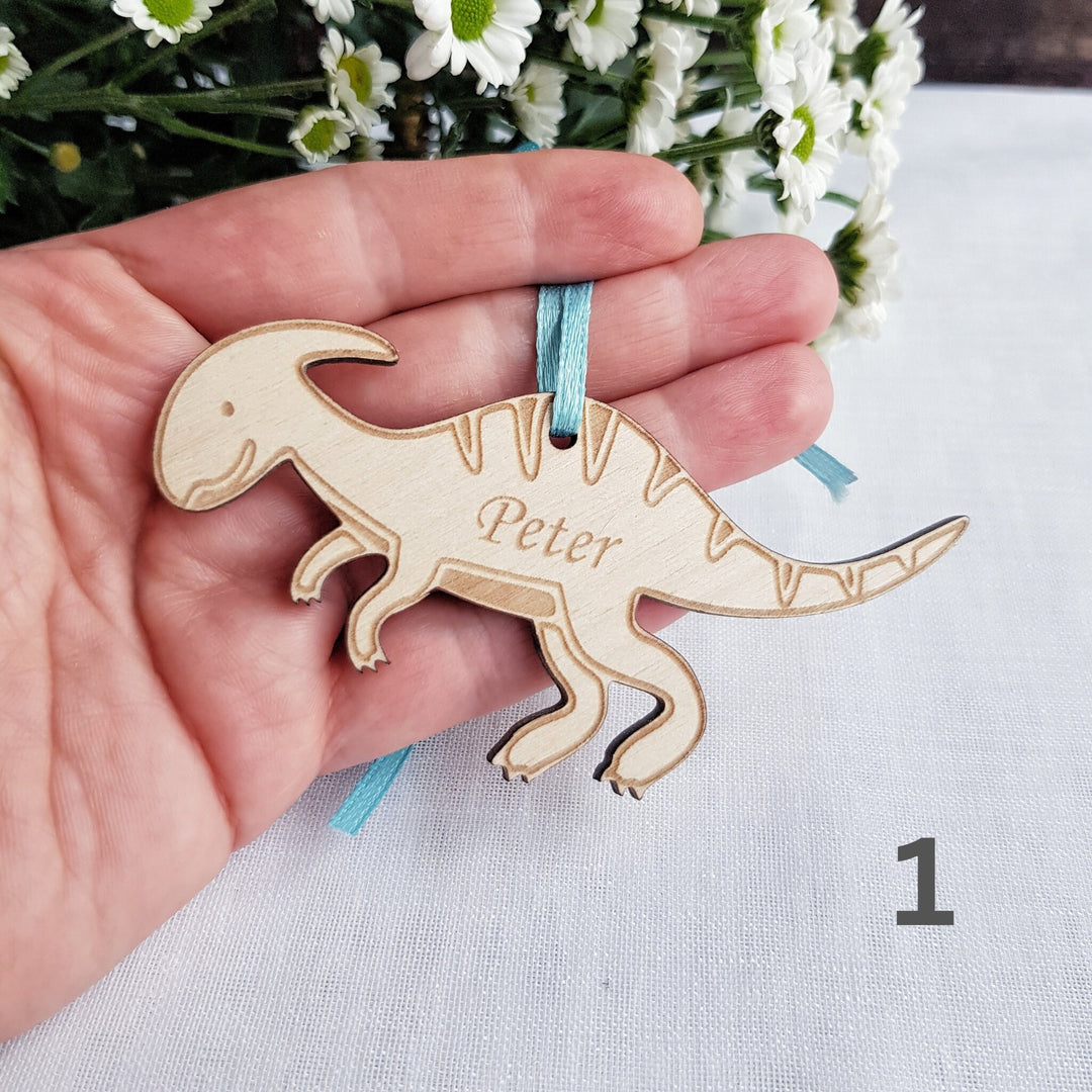 Personalised Dinosaur Wooden Keyring - Engraved Backpack Charm  Christmas Decoration