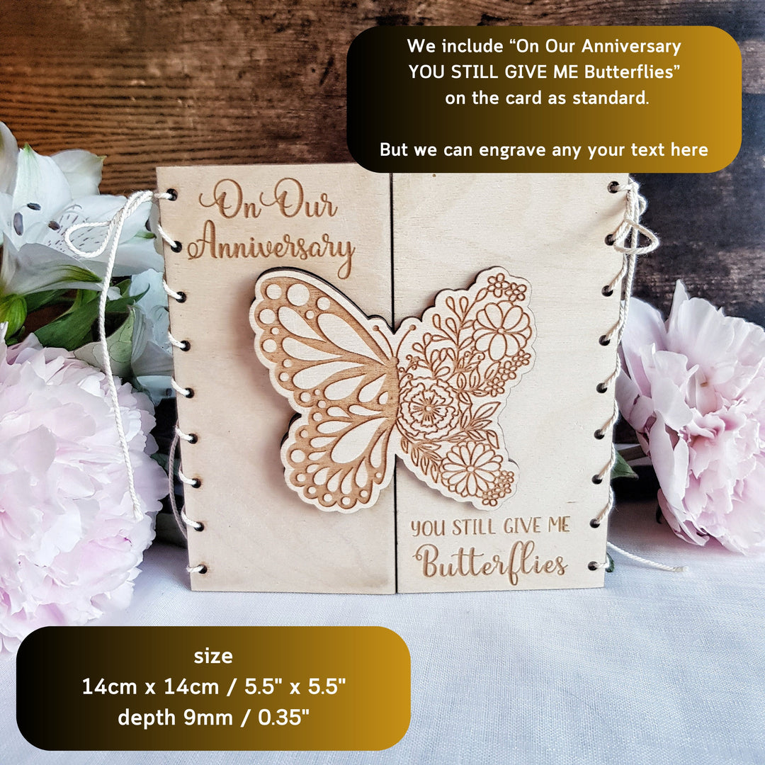 Personalised Anniversary Card - 'You Still Give Me Butterflies' Boho Butterfly - Rustic Wooden Keepsake Gift, Couple Gift