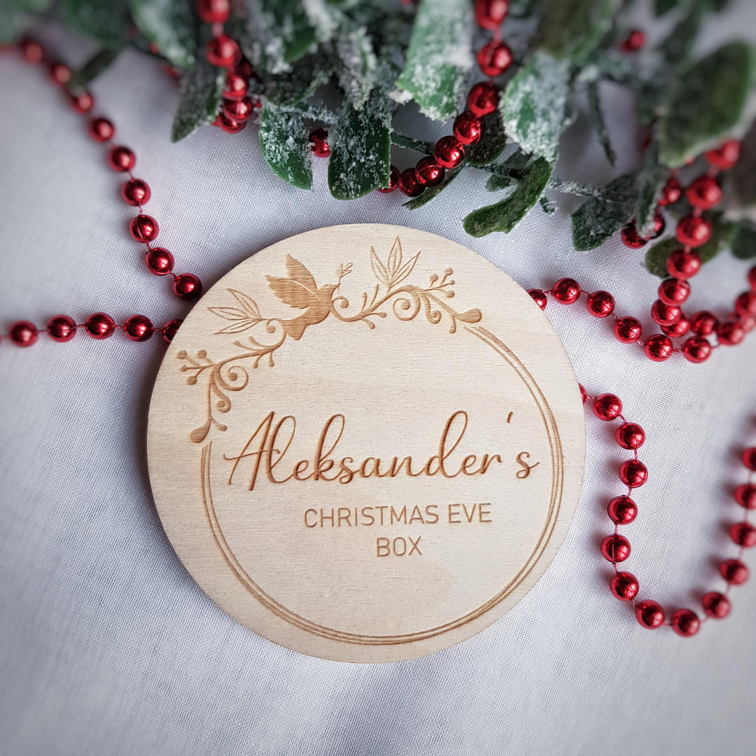 Personalised Babys First Christmas Wooden Milestone Disc Ornament - Keepsake Christmas Eve Box Label