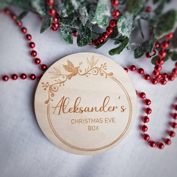 Personalised Babys First Christmas Wooden Milestone Disc Ornament - Keepsake Christmas Eve Box Label