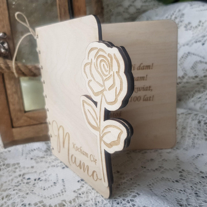 Personalised Wooden Card with Rose Flower - Mother's Day, Birthday, Anniversary, Wedding, Engagement, Housewarming, Dzien Matki, Dzien Babci