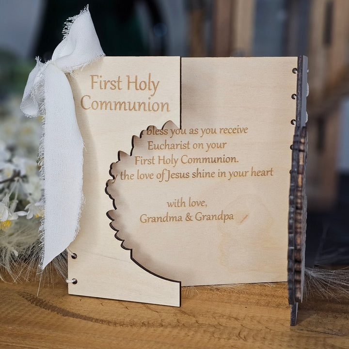 Personalised First Holy Communion Card Church Design, Rustic Wooden Keepsake, Custom message gift card