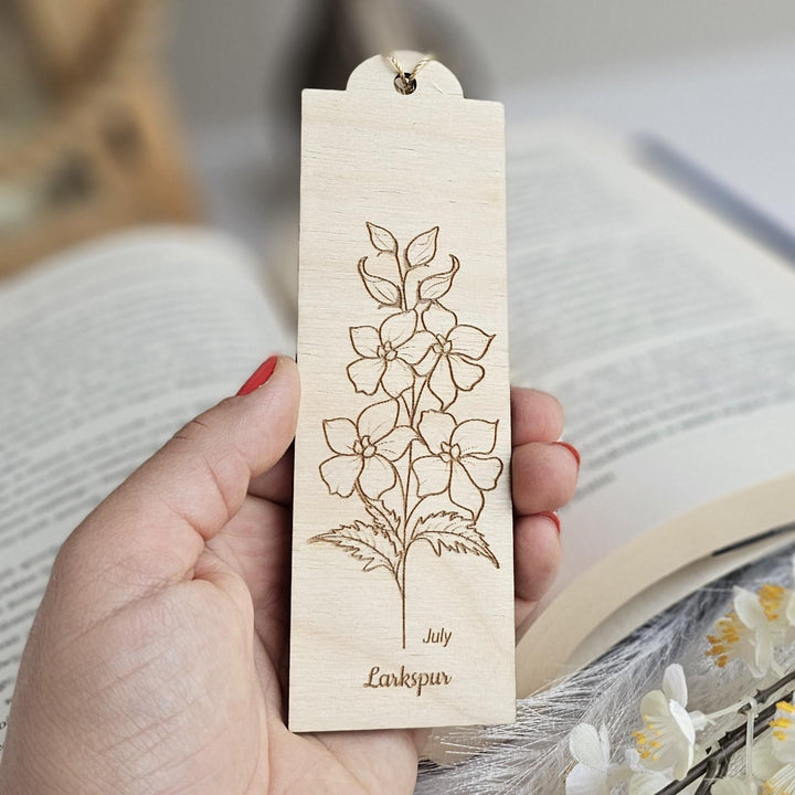 Birth Flower Bookmark July Larkspur - Personalised Wooden Gift for Book Lovers