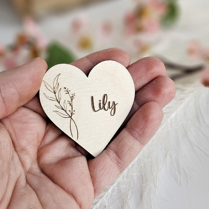 Wedding Place Name Favours, Personalised Engraved Rustic Heart Tags, Botanical Wooden Wedding Keepsakes