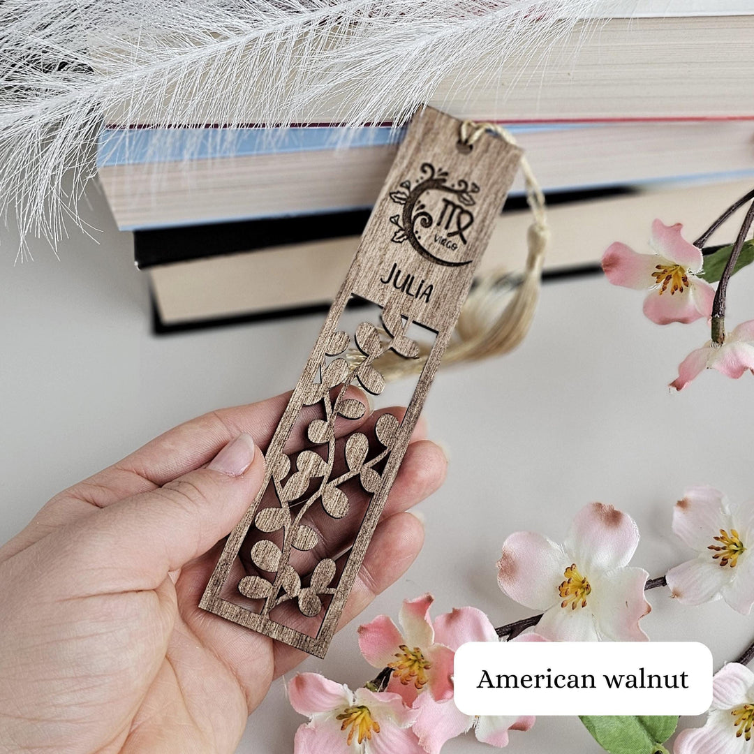 Custom Zodiac Bookmark with Leaves - Engraved Wooden Keepsake