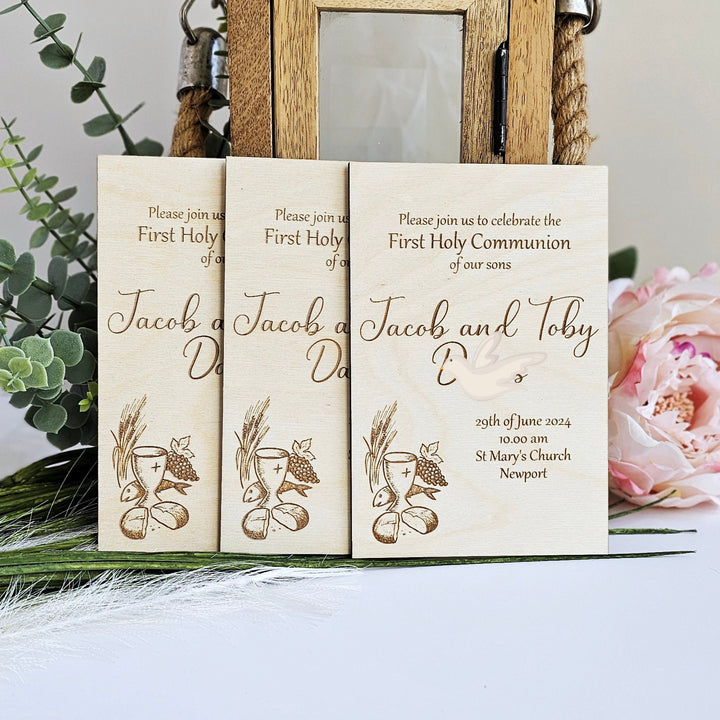 First Holy Communion Invitation - Rustic Personalised Wooden Chalice Invitation