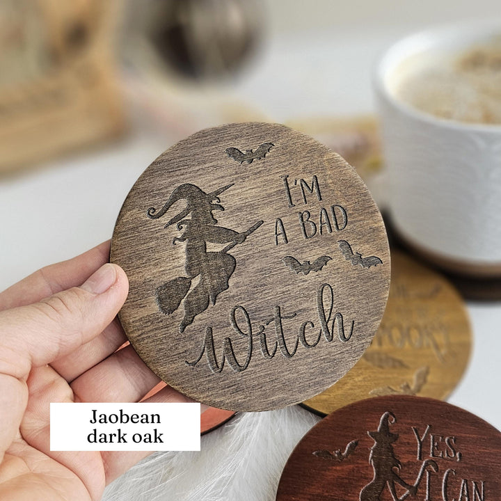 Witchy Halloween Coasters - Wooden Spooky Table Decor - Handmade Housewarming Gift Idea - Yes I can drive a stick