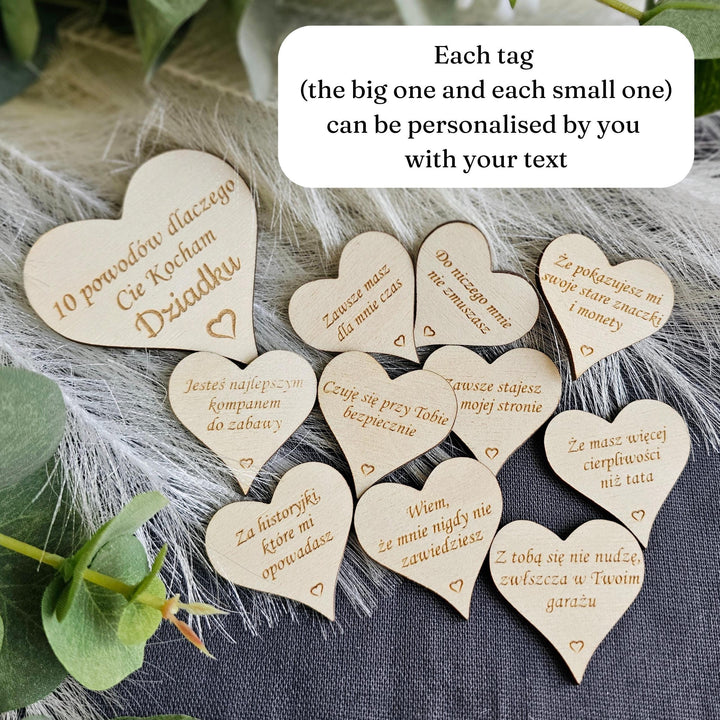 10 reasons why I love you Grandpa Polish Dzien Babci i Dziadka, Eco wooden gift tokens, engraved hearts gift for Grandmother and Grandfather