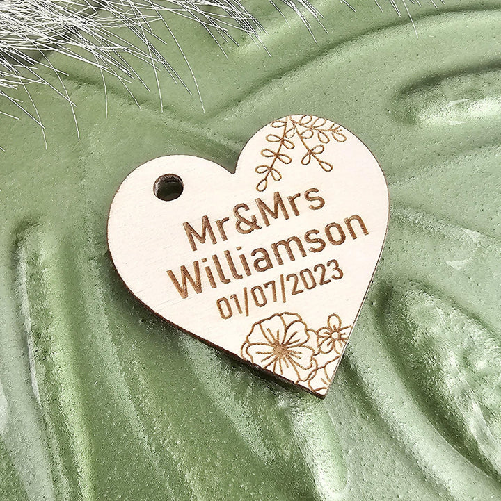 Wedding Heart Favours - Personalised Wooden Thank You Tokens,  Custom Engraved Rustic Gift Tags