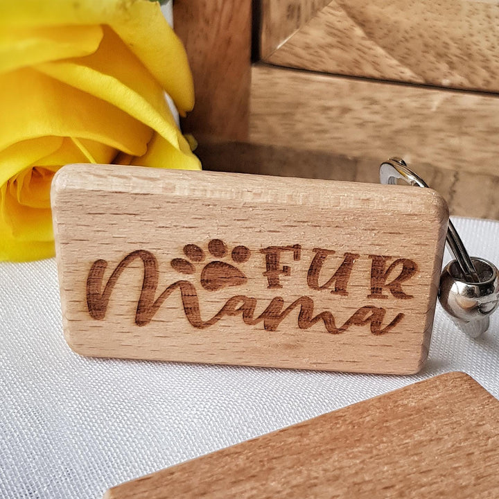 Fur Mama Wooden Keyring - Gift for Animal Lovers, Cat Dog Mum, Pet Fur Baby, Paw Print, Keepsake Puppy Kitten