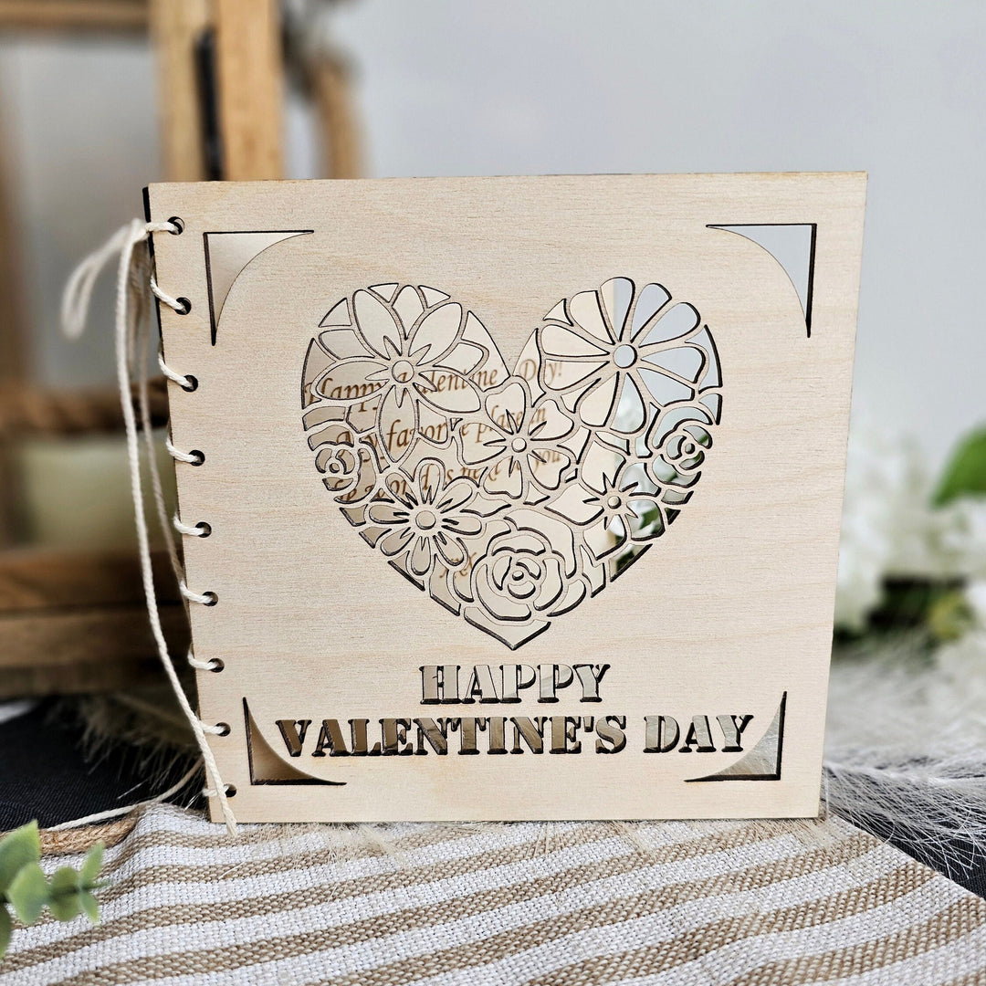 Personalised Valentine's Day Card with Romantic Floral Heart, Wooden Keepsake Gift for Anniversary, Wedding, Engagement, Love Celebration