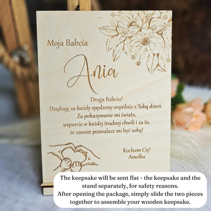 Polish Dzien Babci i Dziadka Wooden Sign Keepsake with Personalised Wishes and Romantic Floral and Holding Hands Touch, Grandparents Gift