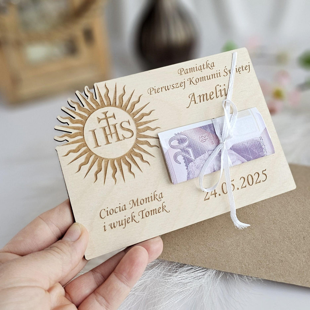 Personalised First Holy Communion Wooden Money Gift Keepsake IHS