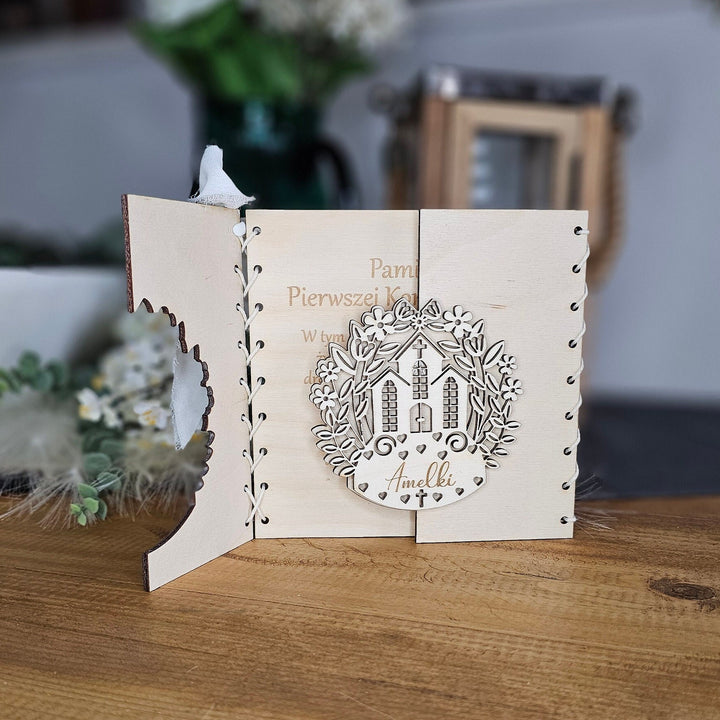 First Holy Communion Card Church Design, Personalised Rustic Wooden Keepsake, Custom message gift, Pierwsza Komunia Swieta