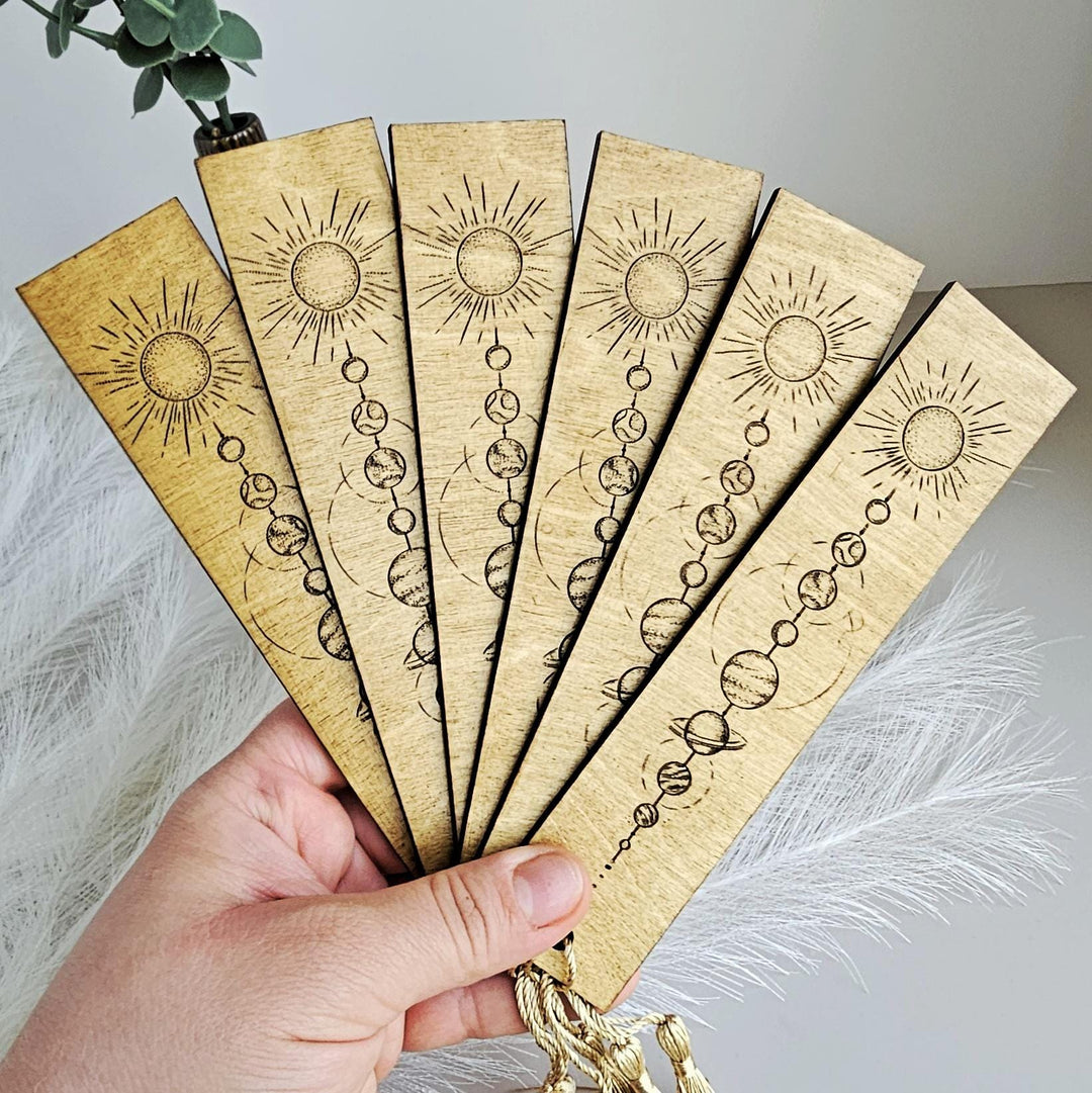 Wooden Solar System Bookmark - Moon  Planets with Mystical Line Art and Customizable Back Message