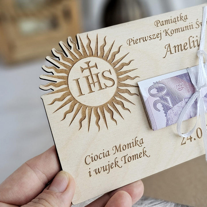 Personalised First Holy Communion Wooden Money Gift Keepsake IHS