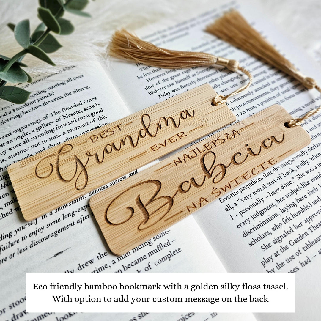 Grandmother Bookmark – Personalised Wooden Bamboo Gift with Golden Silky Tassel