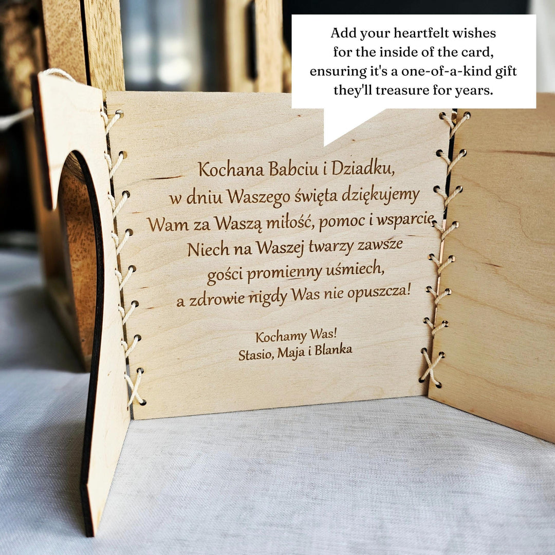 Personalised Rustic Wooden Folding Card Keepsake for Polish Grandmother's Day - Kartka Prezent na Dzien Babci i Dziadka