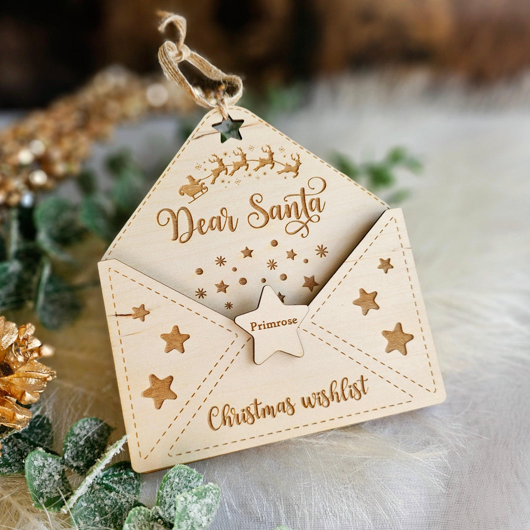 Personalised Wooden Santa Letter Holder - Rustic Christmas Wishlist Envelope