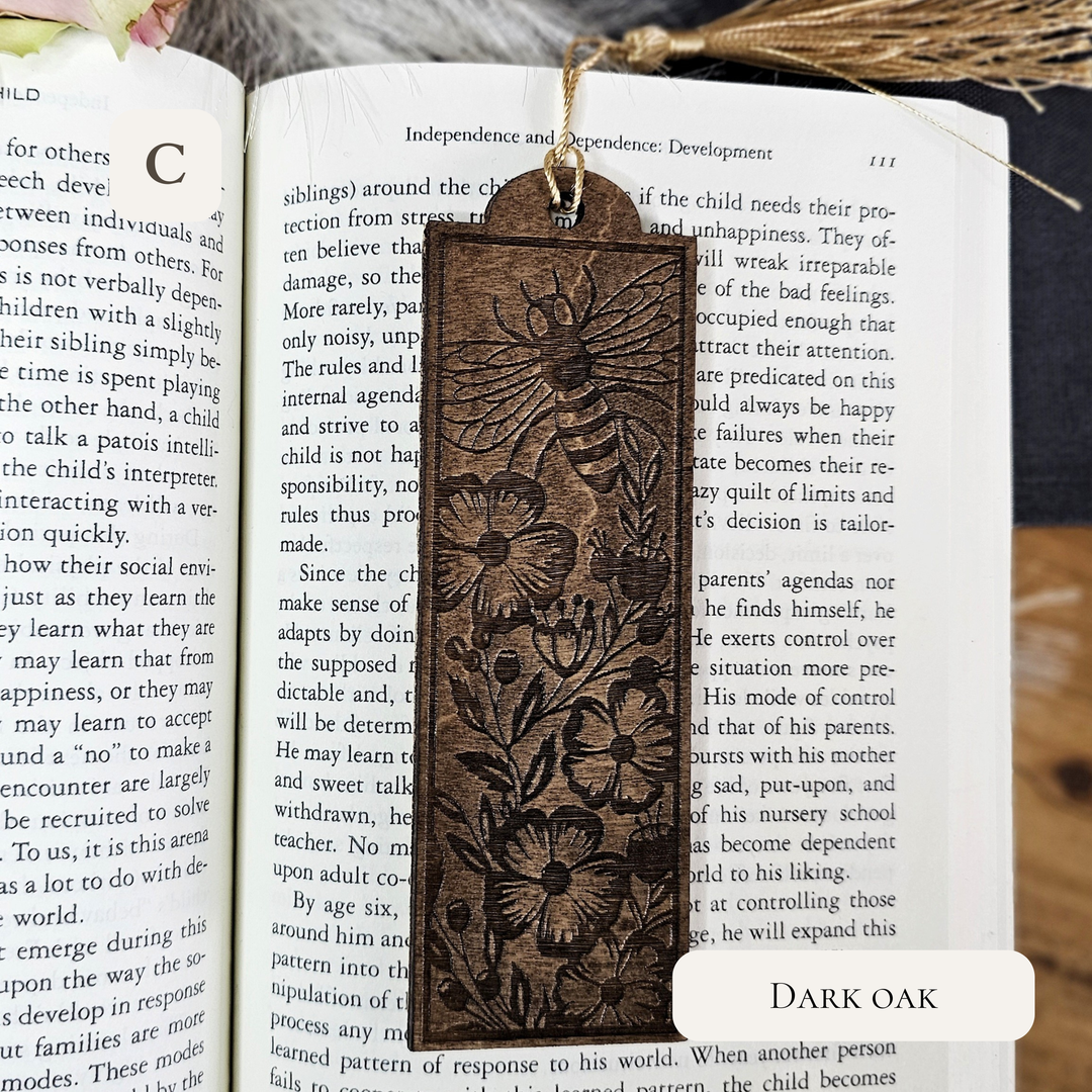 Personalised Bee Wooden Bookmark - Engraved Handmade Floral Bookmark Gift for Book Lovers
