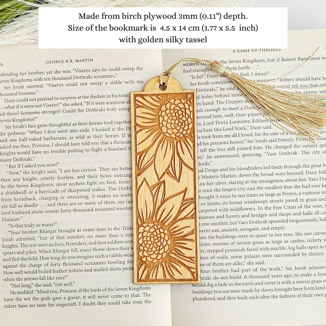 Sunflower Bookmark - Personalised Laser Engraved Book Lover Gift, Wooden Present for Readers
