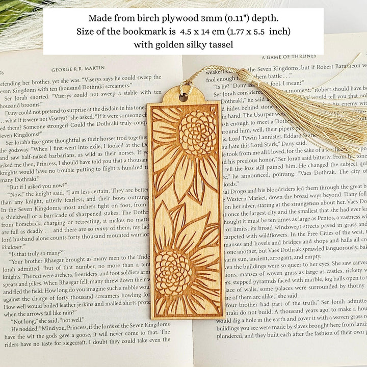 Sunflower Bookmark - Personalised Laser Engraved Book Lover Gift, Wooden Present for Readers