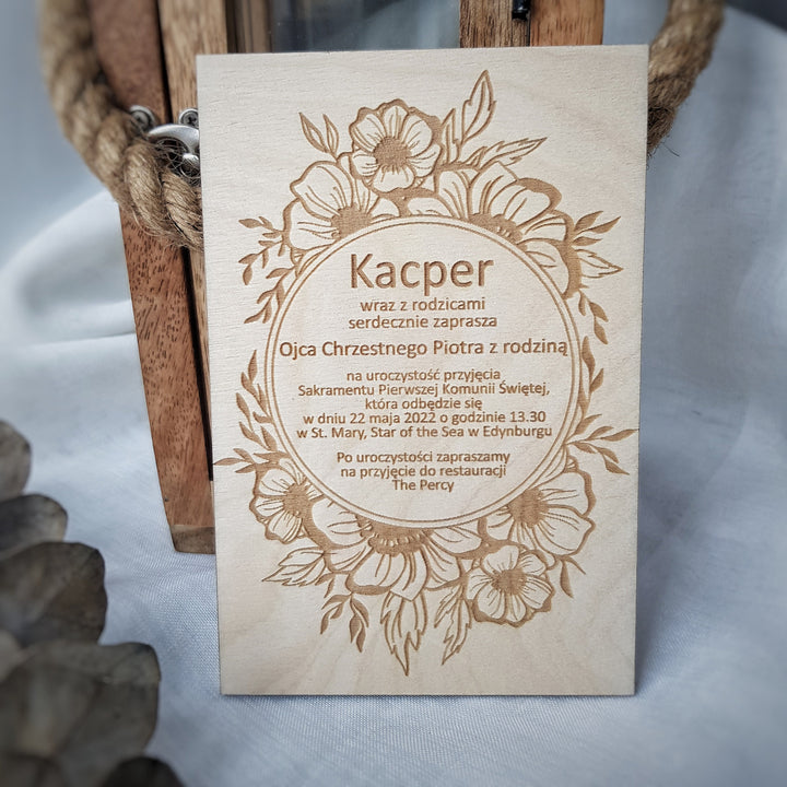 Wooden First Holy Communion Invitation – Personalised Engraved Floral Keepsake Card