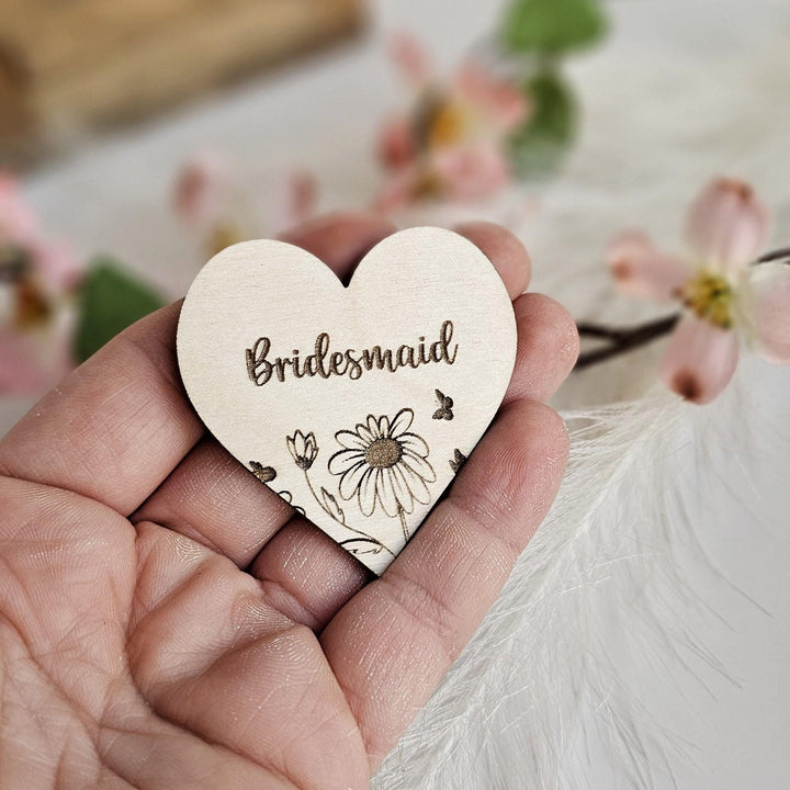 Wedding Place Name Favours, Personalised Engraved Rustic Heart Tags, Botanical Wooden Wedding Keepsakes
